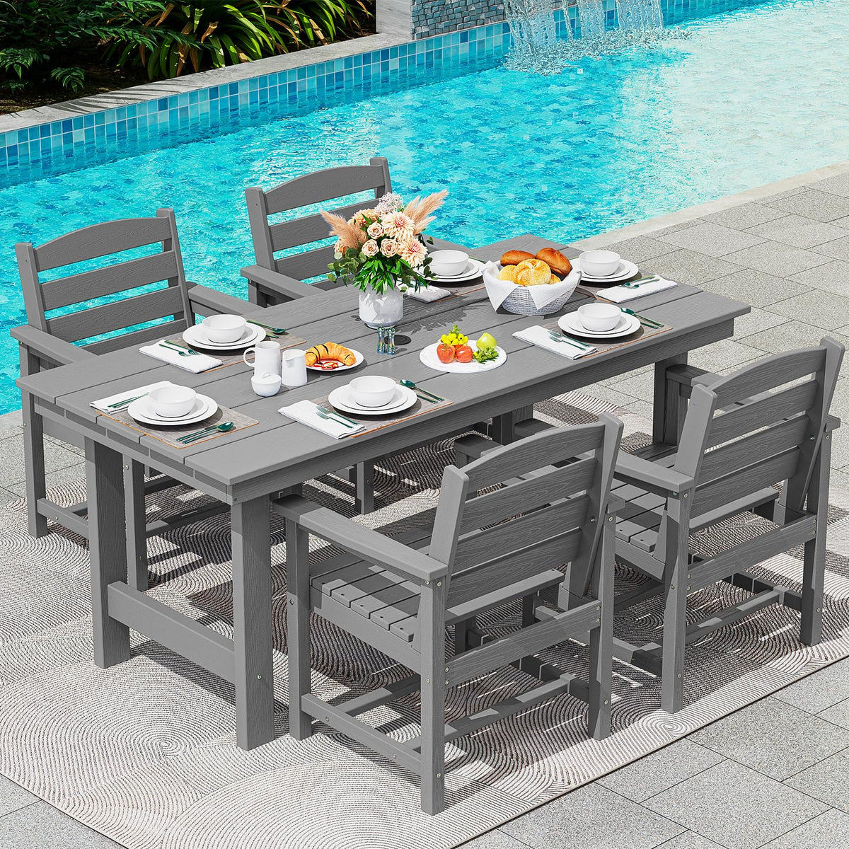 SERWALL 7 Pcs Outdoor Dining Set, 67" HDPE Dining Set for 6, Black