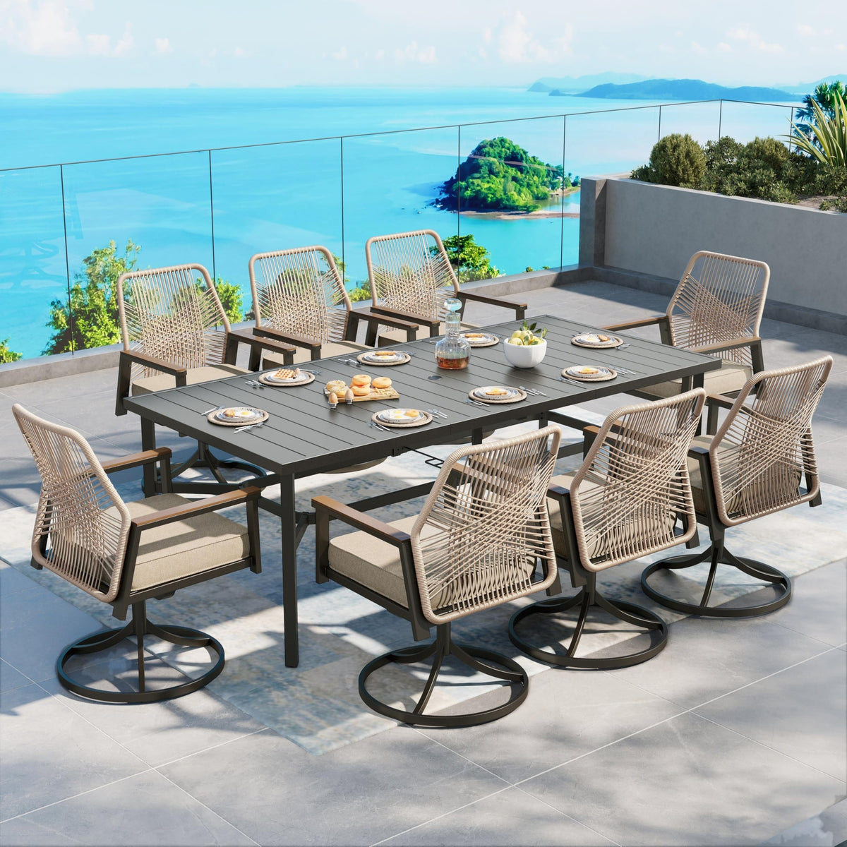 SUNSHINE VALLEY 9pc Patio Dining Set, 57.5" Square Table & 8 Rattan Chairs