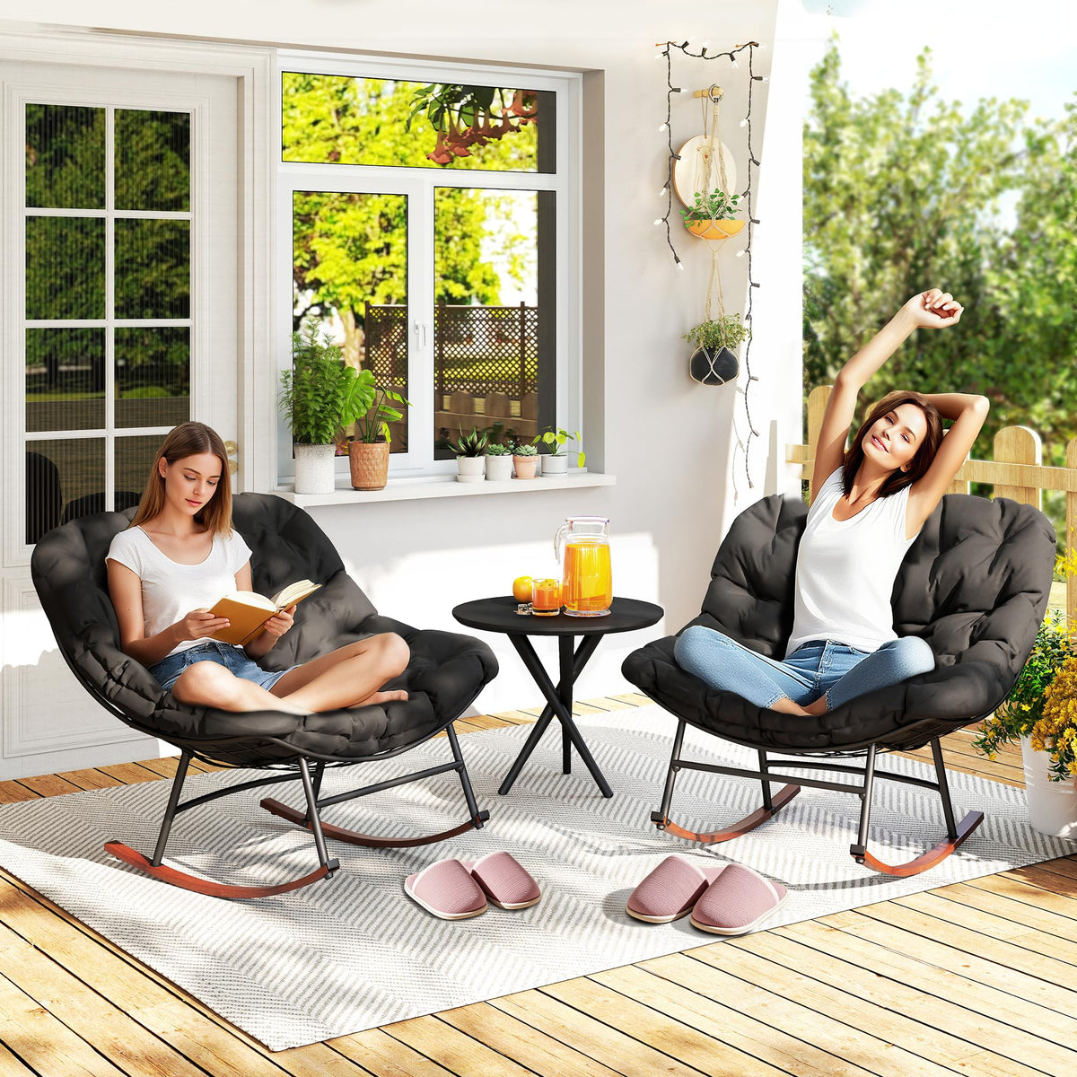 Outsunny Outdoor Rocking Chair Set of 2 Oversized with Cushions Beige