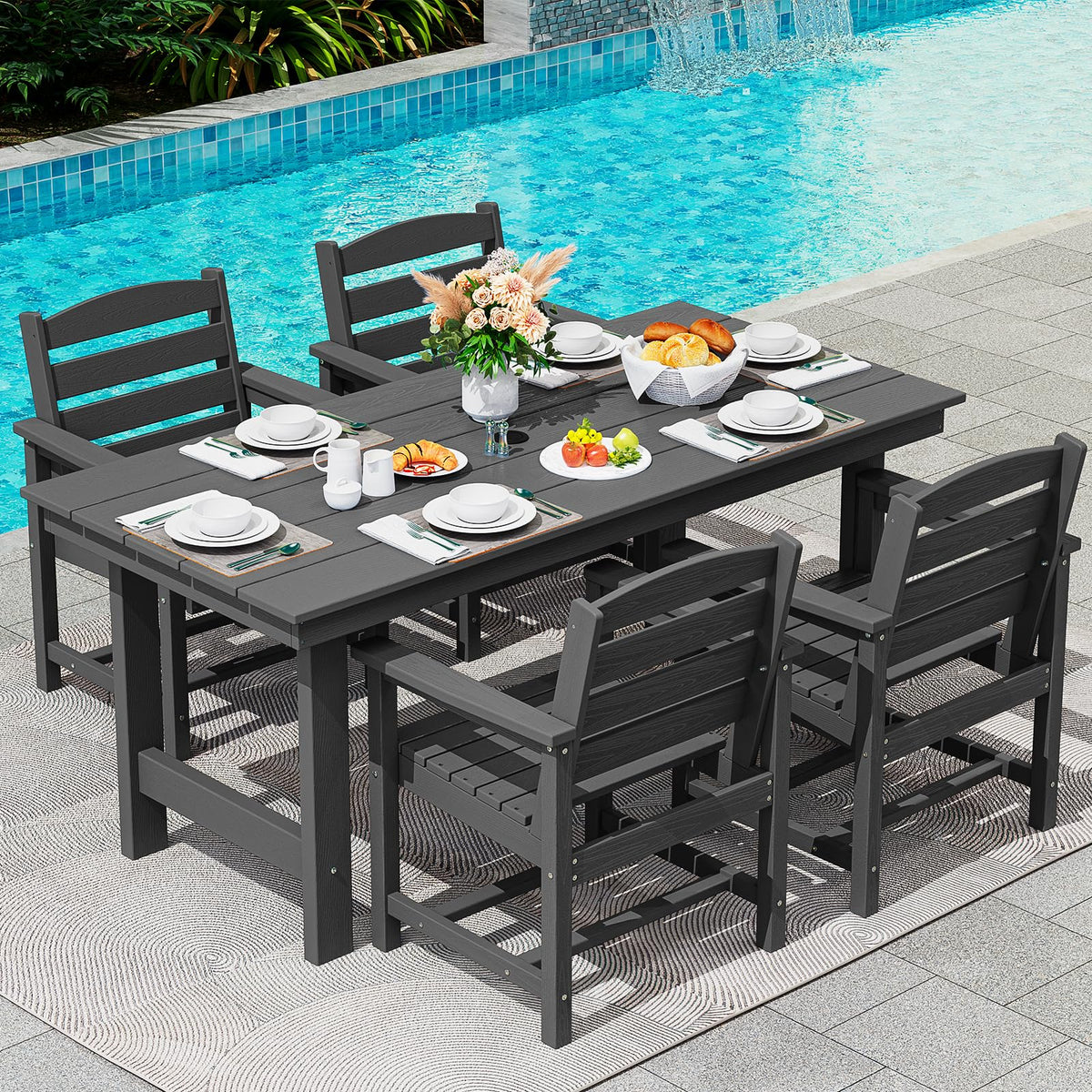 SERWALL 7 Pcs Outdoor Dining Set, 67" HDPE Dining Set for 6, Black