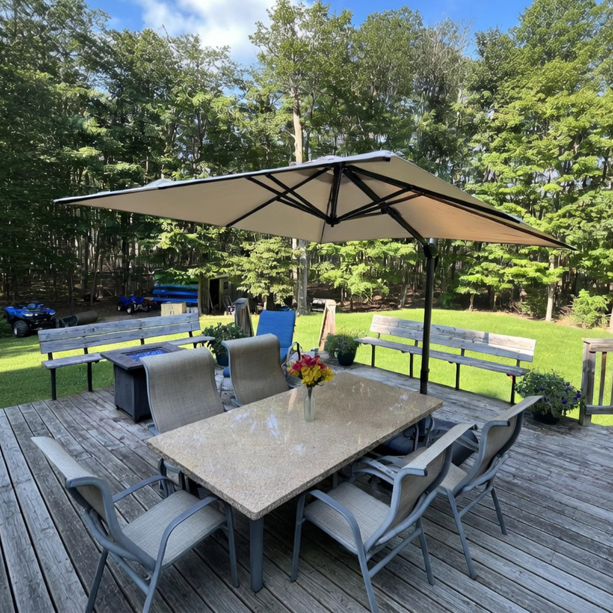 PURPLE LEAF Patio Umbrella with Base 9' x 11.5' 360° Rotation Control Beige