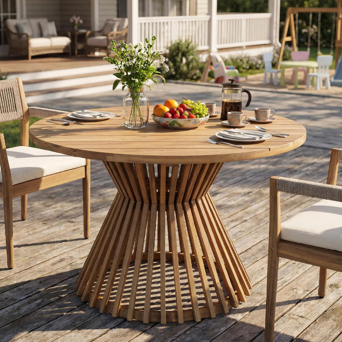 Christopher Knight Home Hachi Farmhouse Acacia Wood Round Dining Table, Patio Dining Room Table with Slatted Pedestal Base for Backyard/Garden, Heavy Duty Indoor/Outdoor Dining Table, Light Teak