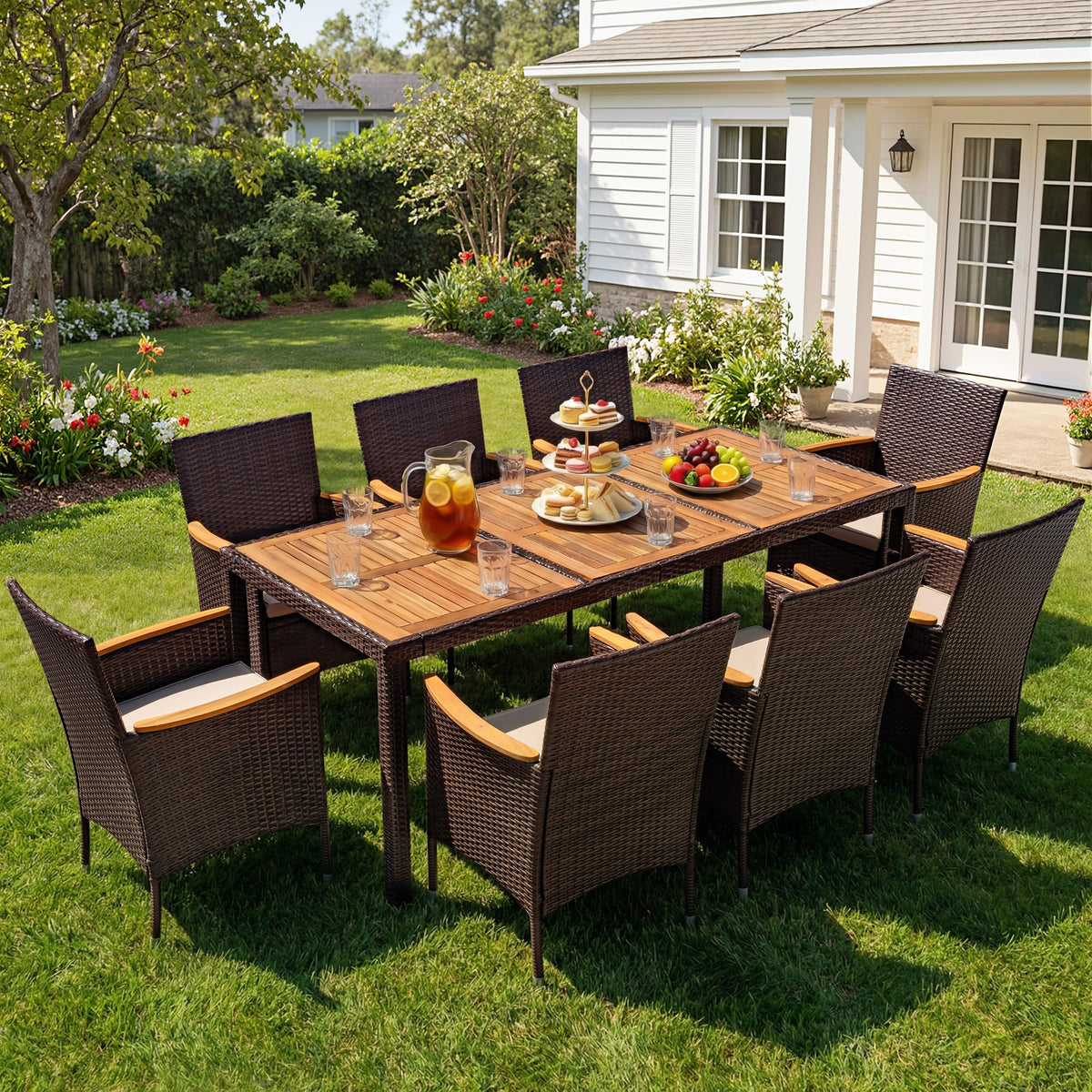 Devoko 7 PCS Acacia Wood Patio Dining Set, Black Rattan
