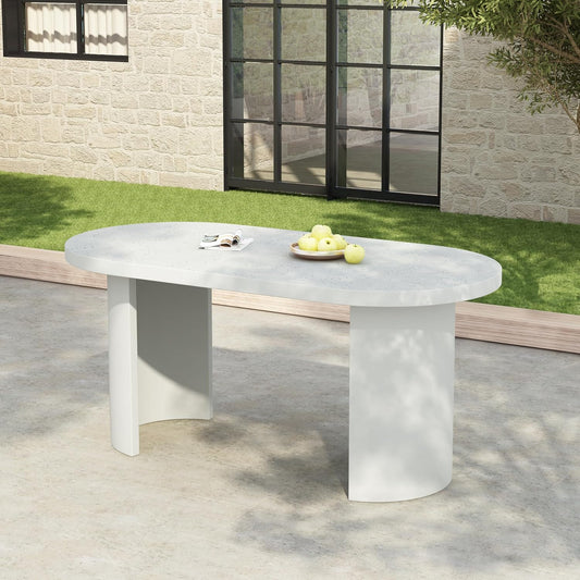 Christopher Knight Home Alan Modern Minimalist Concrete Outdoor Dining Table with White Terrazzo Tabletop, Oval Top Dining Table for 6, Pedestal Kitchen Table, Ideal for Family Gatherings, White
