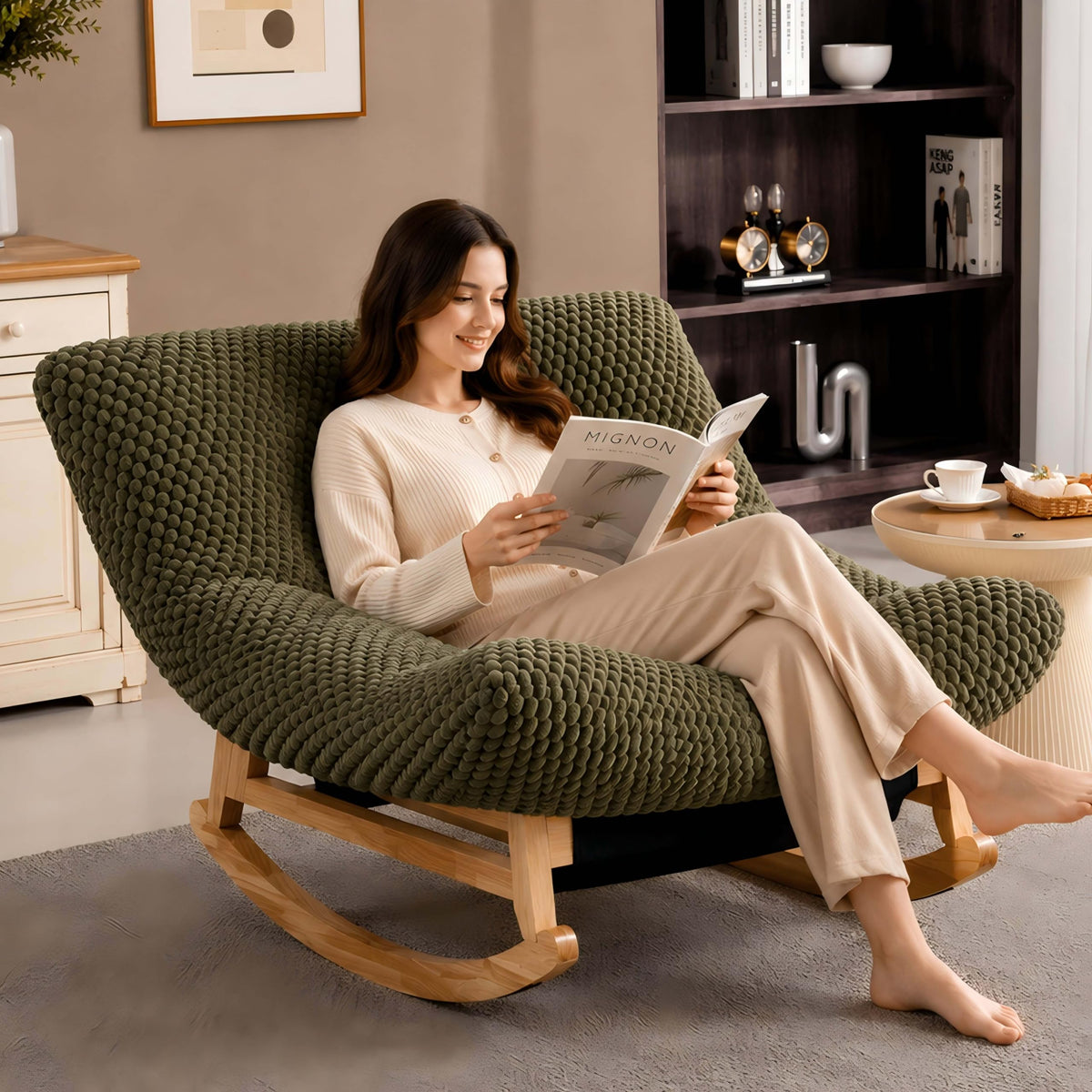 Oversized Rocking Chair Indoor with Corduroy Cushion (Light Grey)