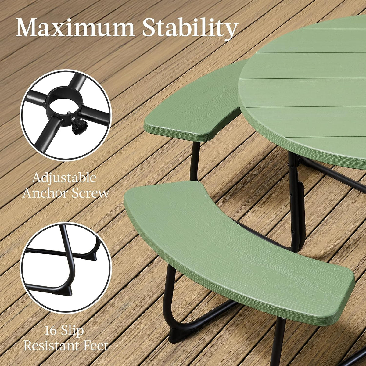 Best Choice Products 8-Person Outdoor Bench Patio Picnic Table, Circular w/ 4 Built-in Benches and Umbrella Hole, 2000lb Capacity - Green