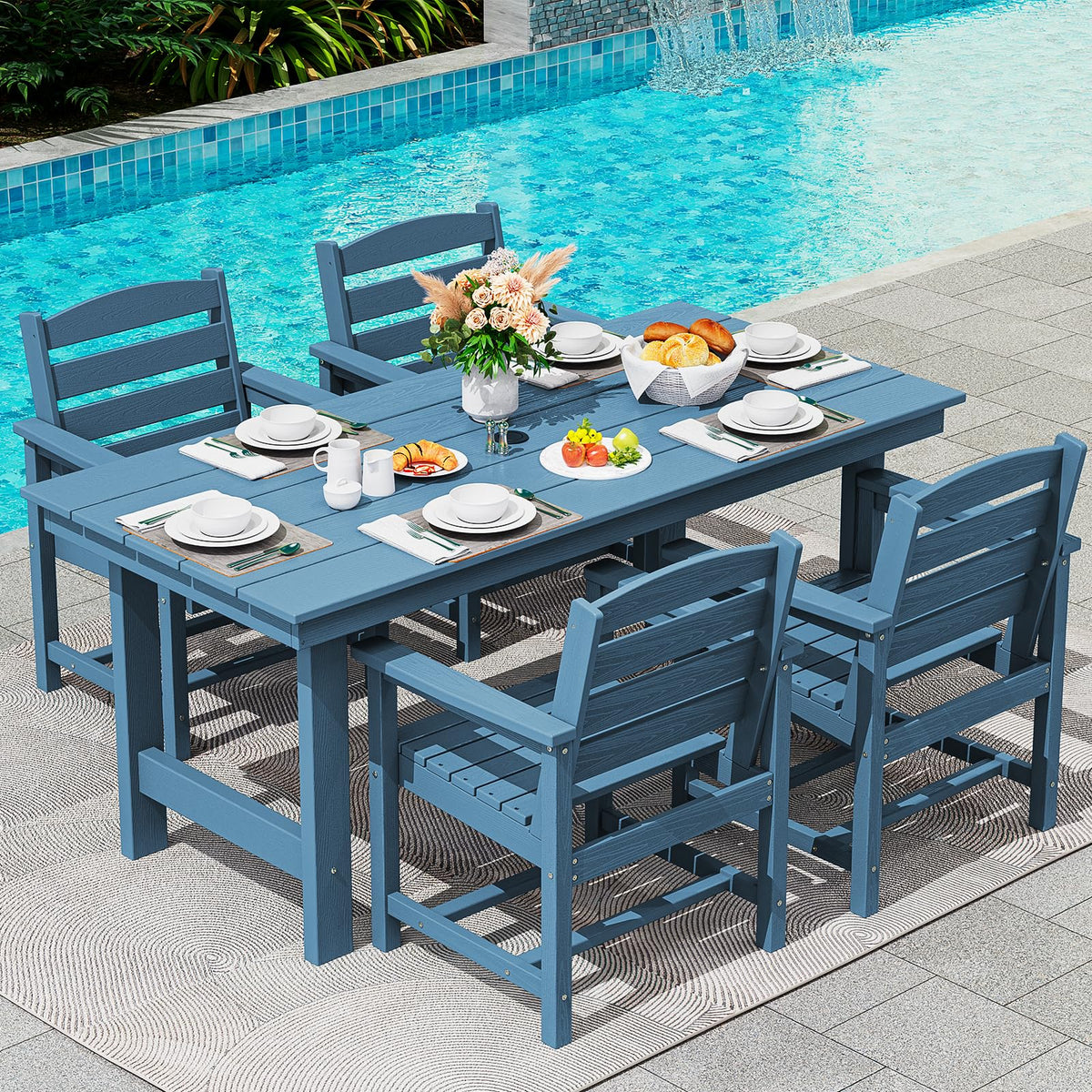 SERWALL 7 Pcs Outdoor Dining Set, 67" HDPE Dining Set for 6, Black