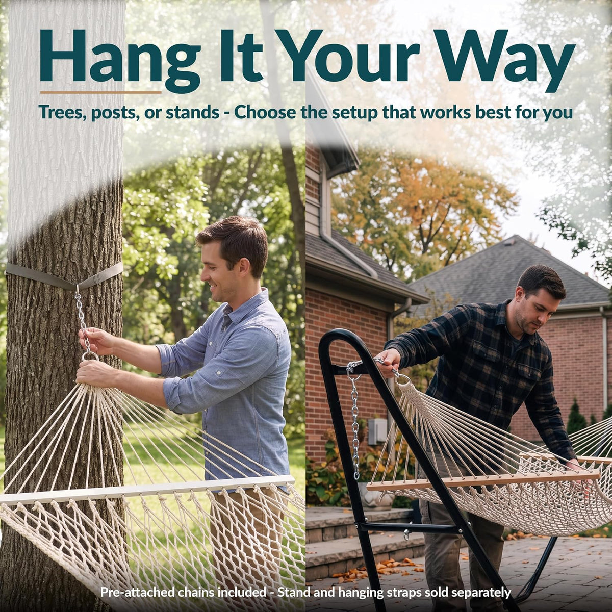Sunnydaze Double Cotton Rope Hammock for Outside, Backyard, Patio, Natural
