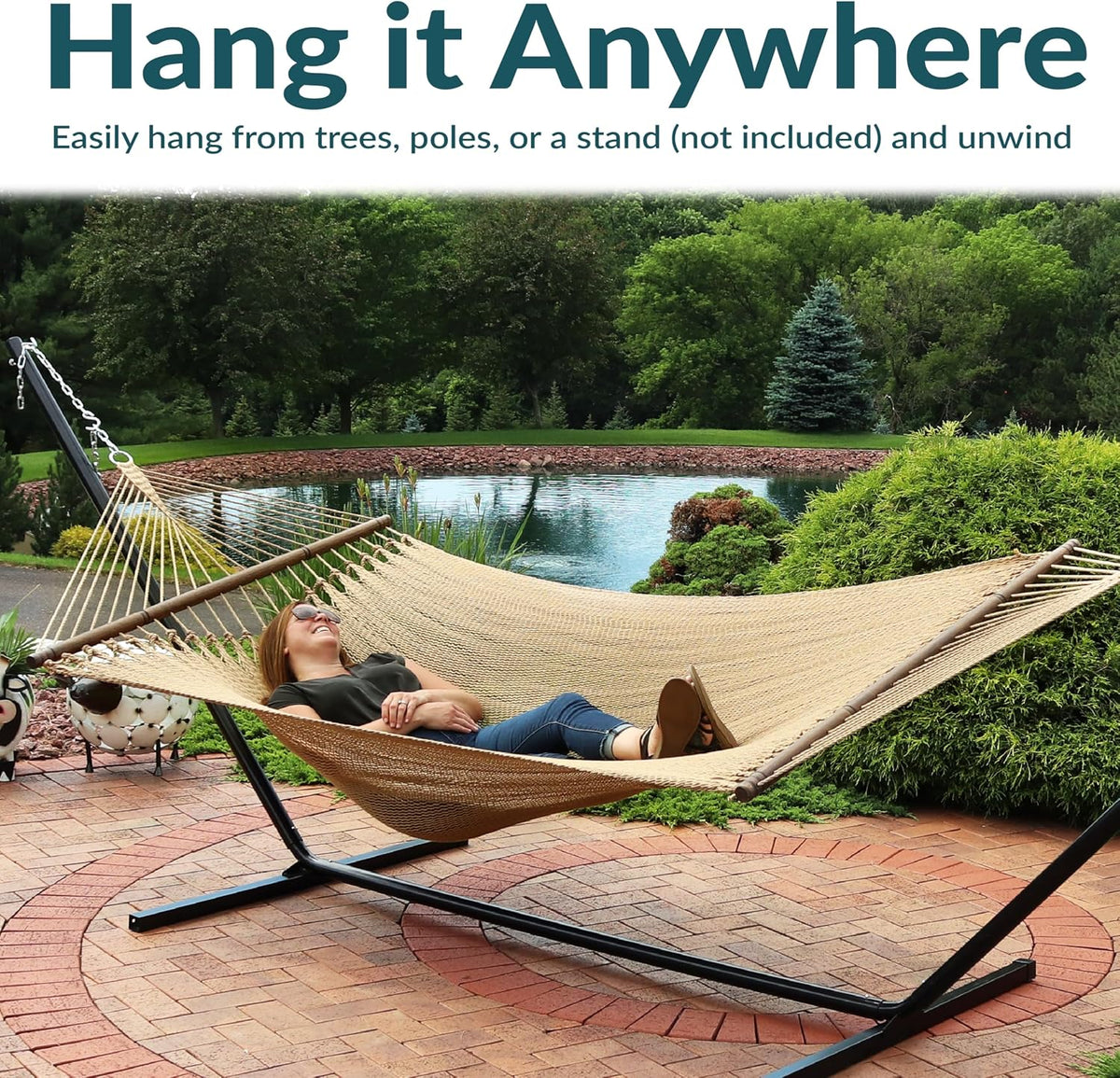 Sunnydaze 75" x 55" Bed, Heavy-Duty Double Rope Hammock for Outside, Tan