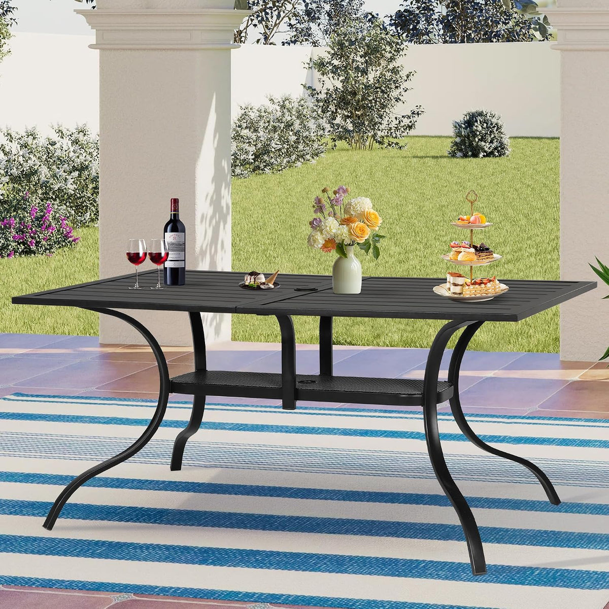 Incbruce Patio Dining Table, 60" x 36" Rectangle Metal Steel Slat Table, with 1.57" Umbrella Hole, for Backyards, Porches, Gardens or Poolside