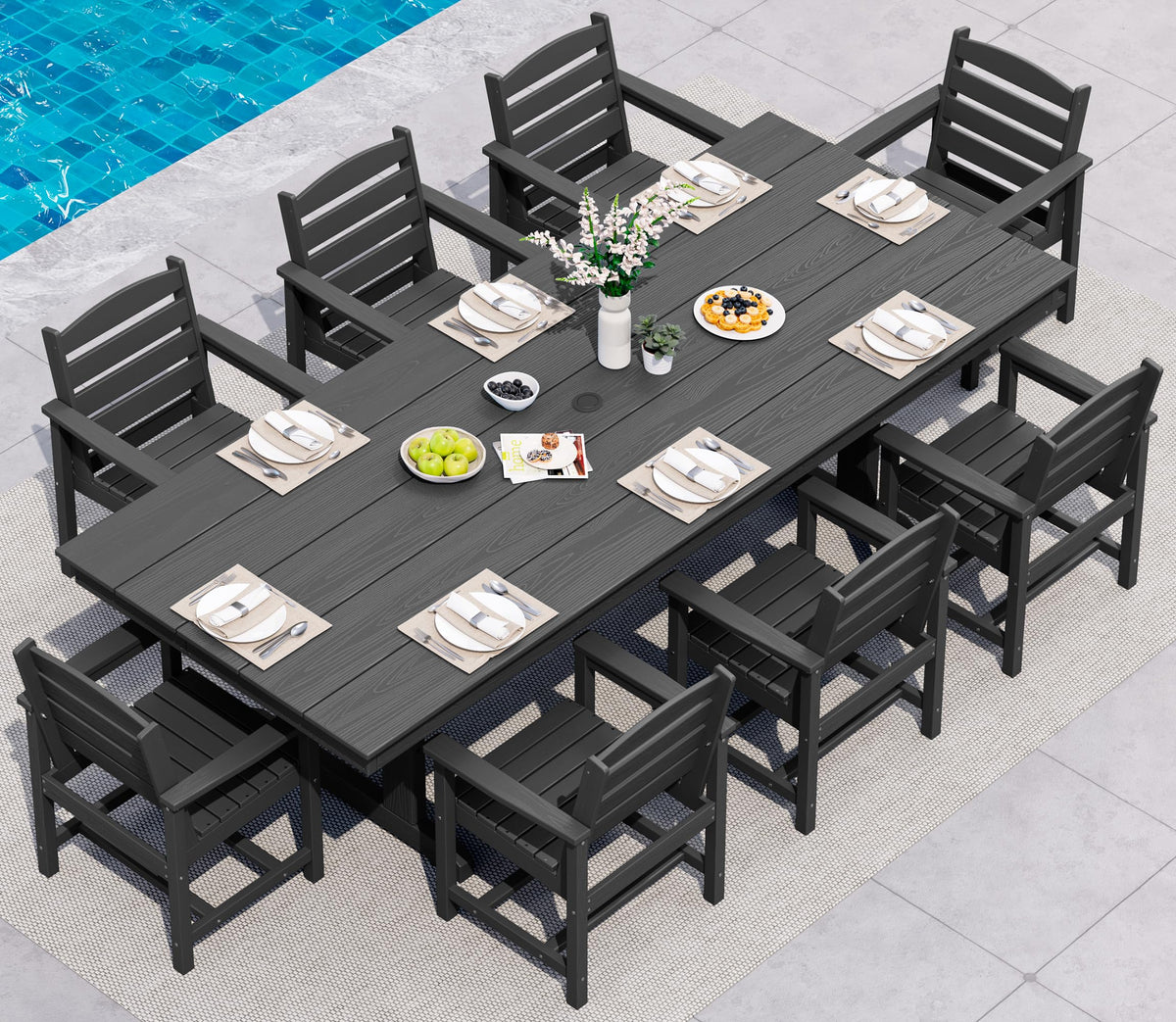 SERWALL Outdoor 84" HDPE Rectangular Dining Table for 6-8,All-Weather,Black