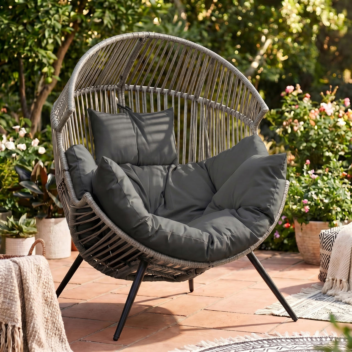 JAMFLY Egg Chair Rocking Chairs, Wicker Patio Chair Oversized Lounger Chair with Cushion for Indoor Living Room Bedroom Outdoor Patio Backyard Balcony Garden, Cream White