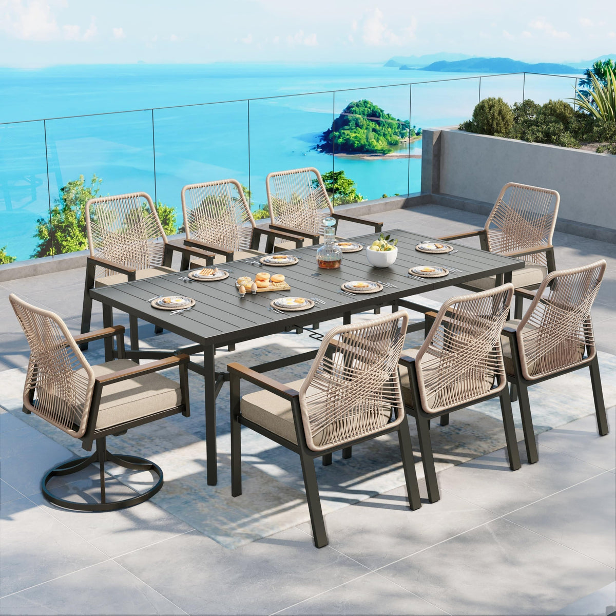 SUNSHINE VALLEY 9pc Patio Dining Set, 57.5" Square Table & 8 Rattan Chairs