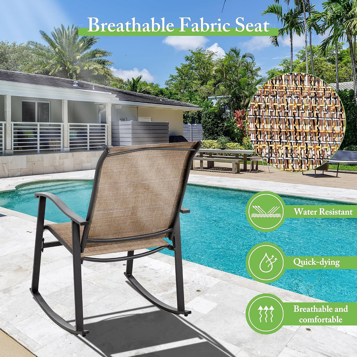 Shintenchi Rocking Chair Outdoor with Table, 3 Piece Rocking Patio Bistro Set, Outdoor Furniture Set with Metal Frame and Textilene Fabric for Small Space, Brown