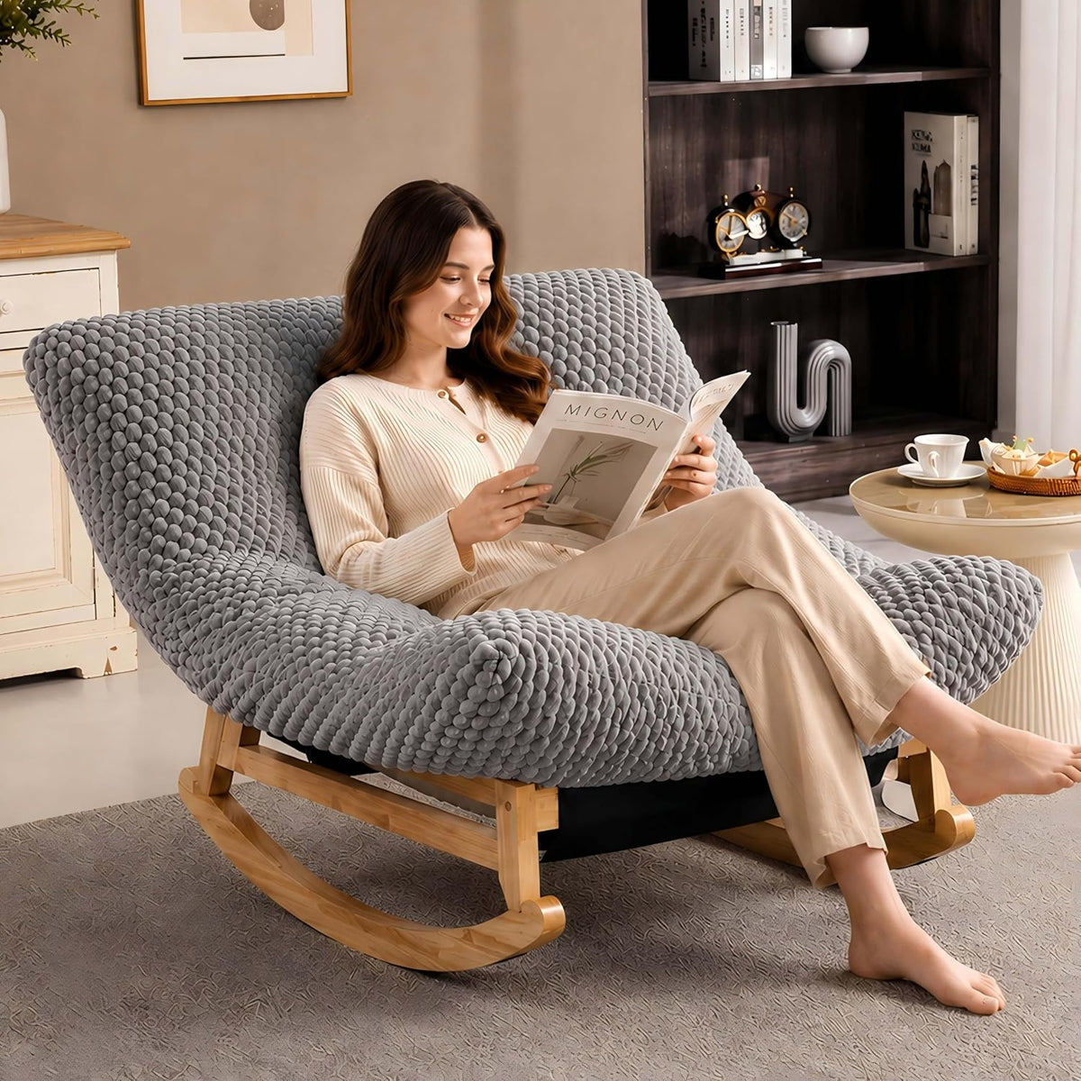 Oversized Rocking Chair Indoor with Corduroy Cushion (Light Grey)
