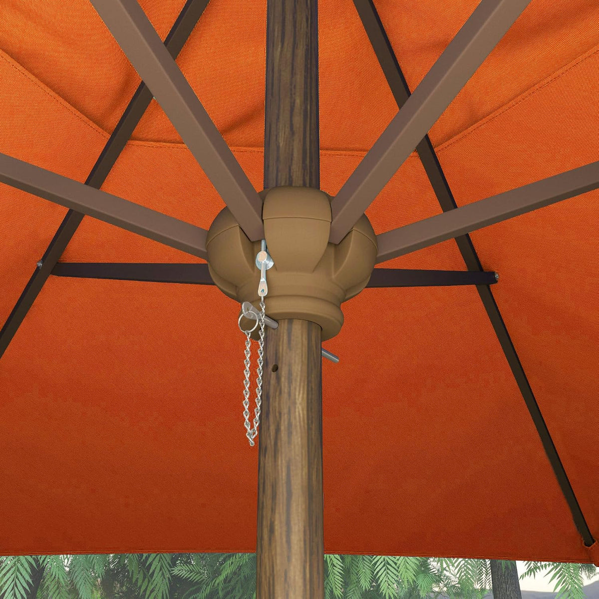 Sunline 9 ft Faux- Wood Patio Umbrella, Push Open Pin Stop Outdoor Market Umbrella with UV Protection & Wind Vent, Metal Frame for Deck, Pool & Table, Tuscan
