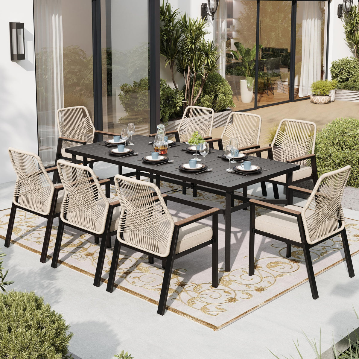 SUNSHINE VALLEY 9pc Patio Dining Set, 57.5" Square Table & 8 Rattan Chairs