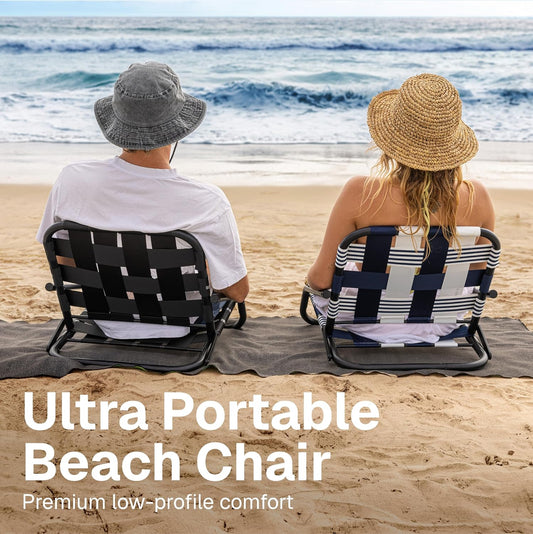 WOVN Low Beach Chairs - Premium Folding Beach Chair for Adults - Low Profile, Super Lightweight with Portable Shoulder Strap - Great for Sand and Lawn - Lido