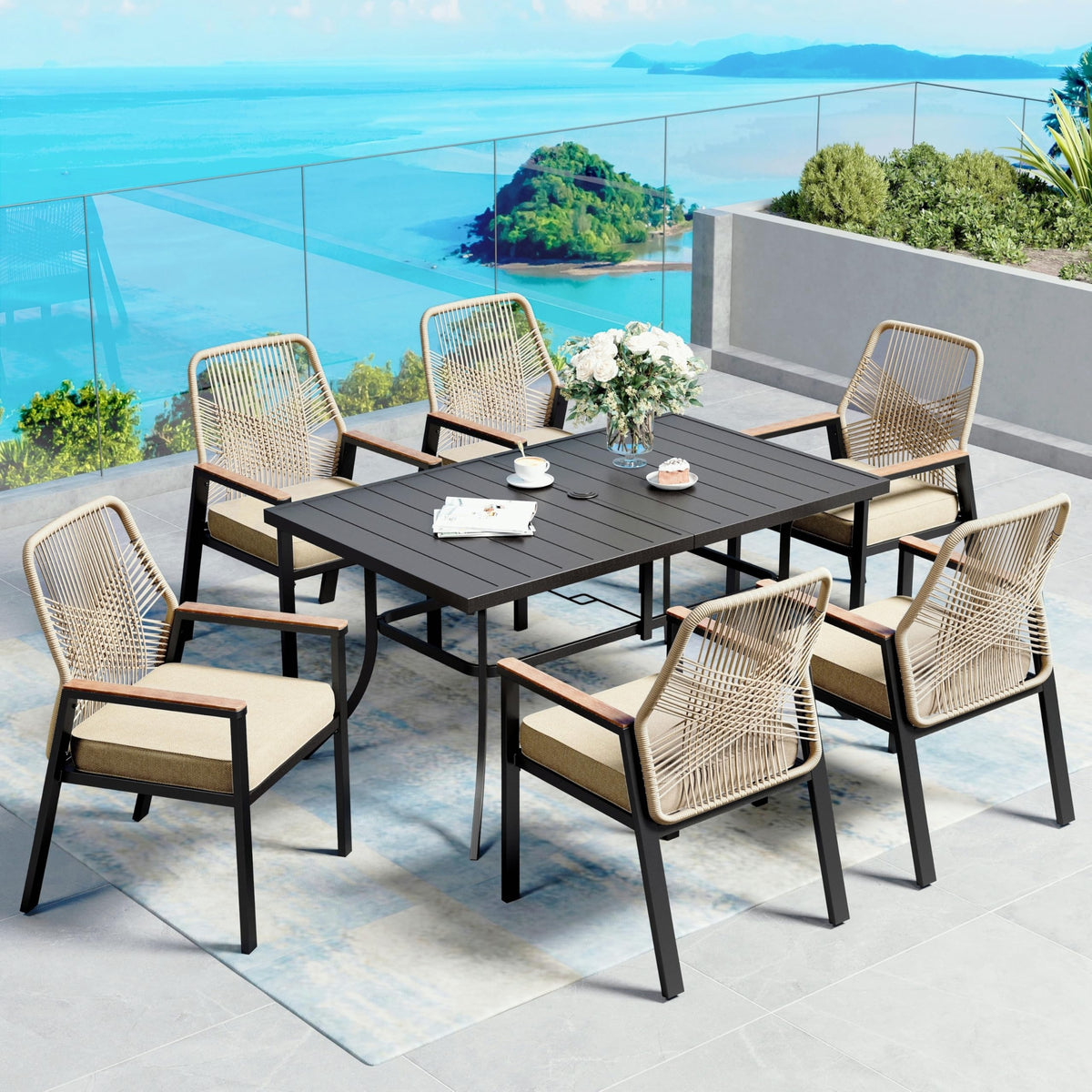 SUNSHINE VALLEY 9pc Patio Dining Set, 57.5" Square Table & 8 Rattan Chairs