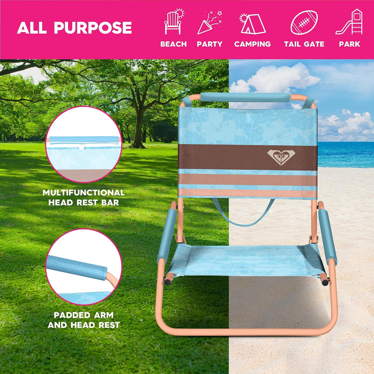 ROXY Low Beach Chair – Lounge Chair Outdoor, Lightweight, Folding, and Portable Seating – Beach Days, Pool Lounge Chairs, Camp Chair, Lawn Chairs, Concerts, Sporting Events or Sun Tanning Chair