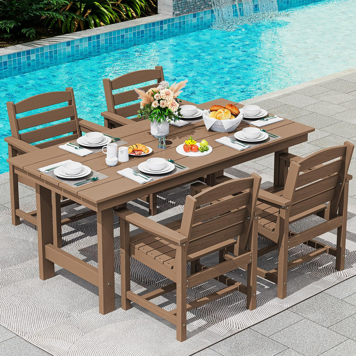 SERWALL 7 Pcs Outdoor Dining Set, 67" HDPE Dining Set for 6, Black