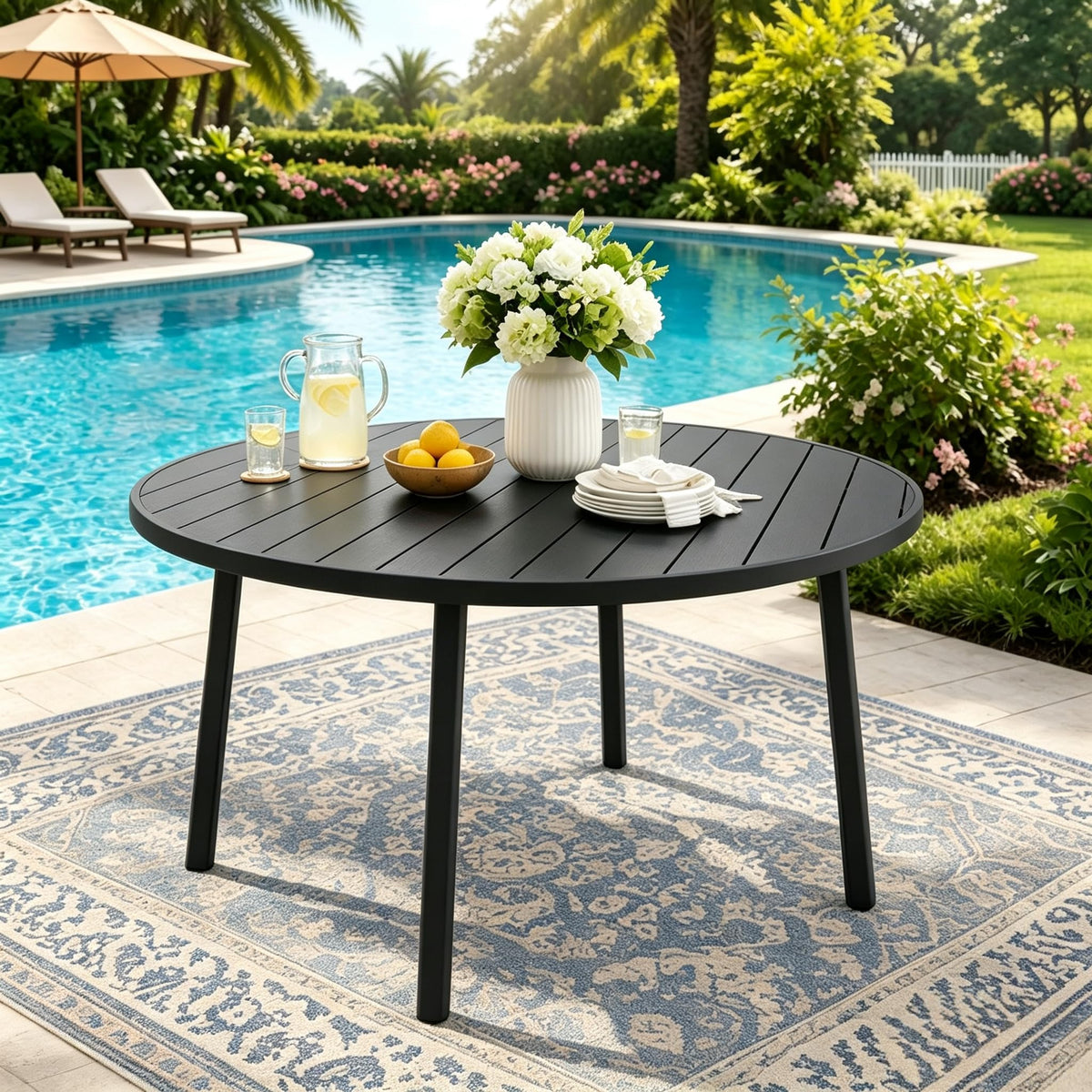 42" Round Patio Dining Table for 4, All-Weather Metal Patio Table with Umbrella Hole, Outdoor Round Dining Table for Lawn Garden Porch, Honey Oak