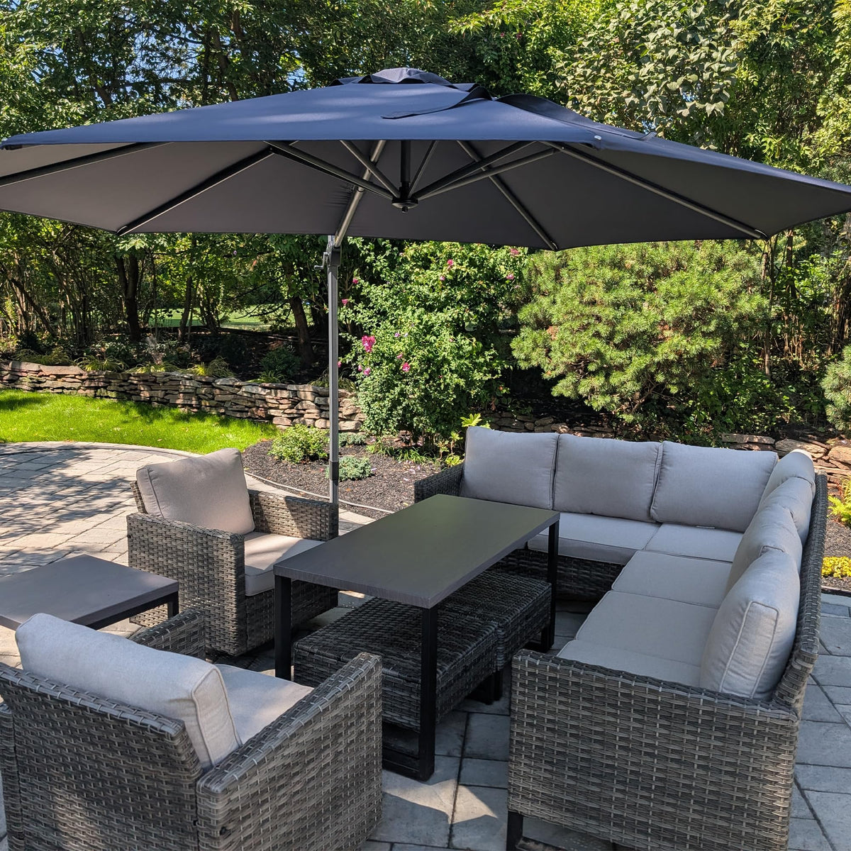 PURPLE LEAF Patio Umbrella with Base 9' x 11.5' 360° Rotation Control Beige