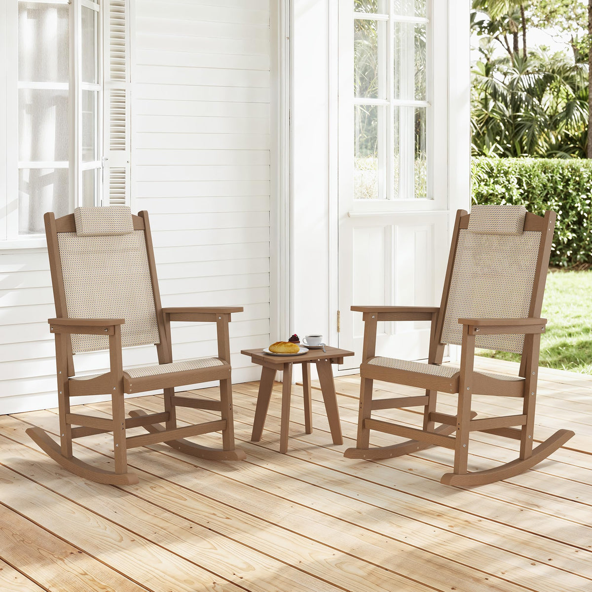 Outdoor Rocking Chair Set of 2 with Removable Headrest, HDPE All-Weather Rocker with Breathable Textilene, Patio Rocking Chairs for Adult, High Back Smooth for Porch, Garden, Lawn, Black
