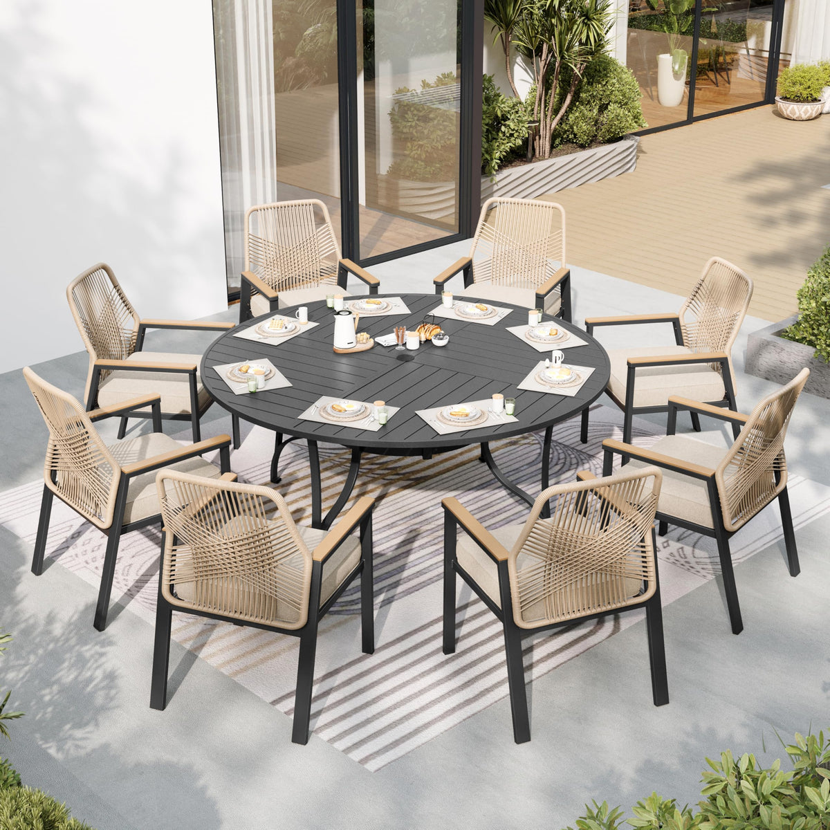 SUNSHINE VALLEY 9pc Patio Dining Set, 57.5" Square Table & 8 Rattan Chairs