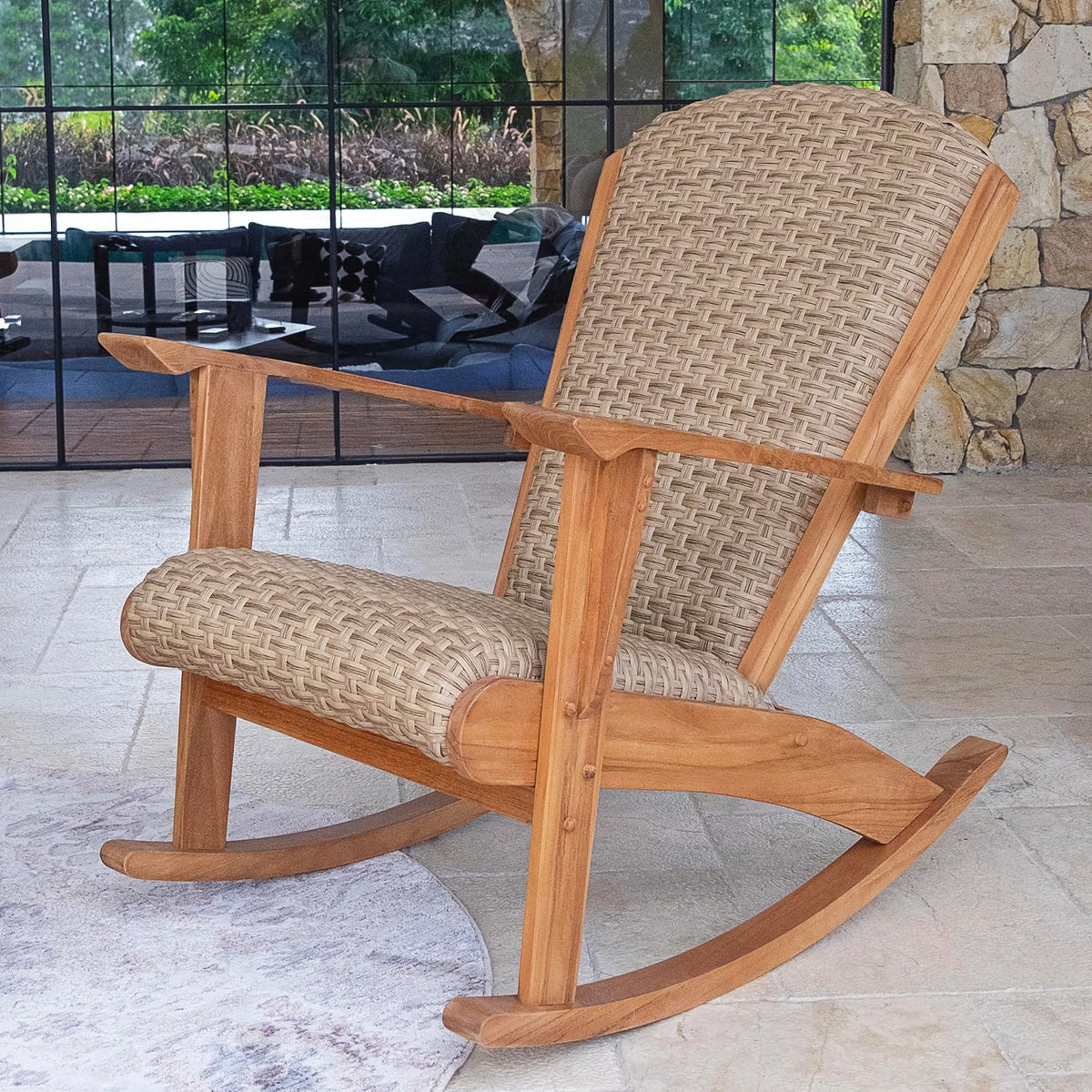 Cambridge Casual Camden 3-Piece Teak Wood Patio Conversation Set Beige Wicker, Padded Woven Seat, Deep Seating Rocking Chair Set of 2 with Side Table, Quick Dry Foam