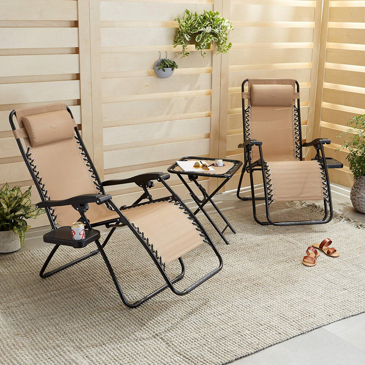 Amazon Basics Outdoor Textilene Adjustable Zero Gravity Folding Reclining Lounge Chair Set with Cup Holder, Side Table, Headrest, Weather-Resistant, 35 x 26 x 43 inches, Beige, 2-Pack